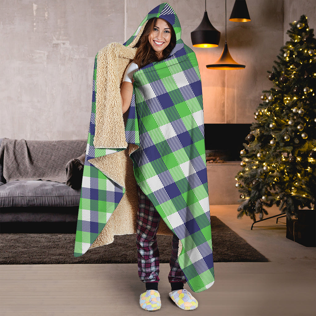 White Green And Blue Buffalo Plaid Print Hooded Blanket