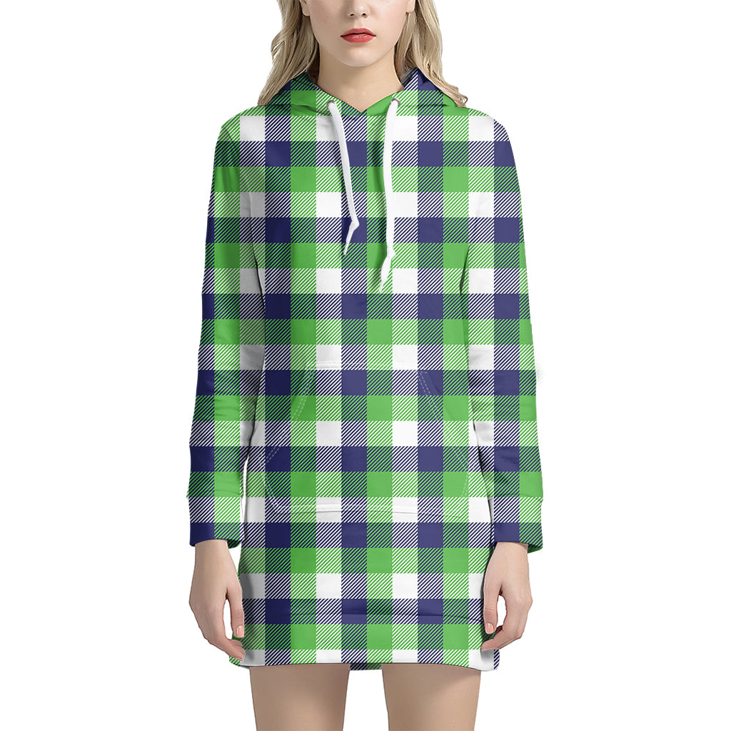 White Green And Blue Buffalo Plaid Print Hoodie Dress