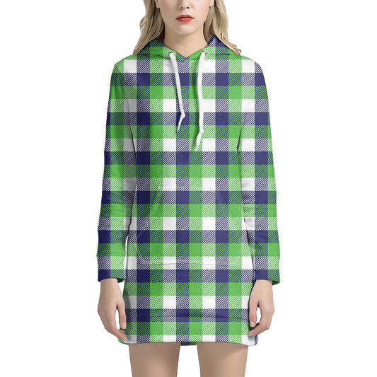 White Green And Blue Buffalo Plaid Print Hoodie Dress