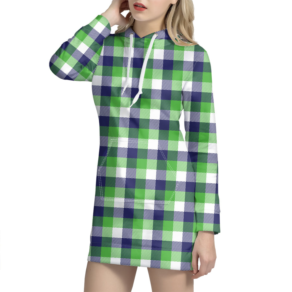 White Green And Blue Buffalo Plaid Print Hoodie Dress