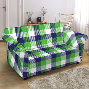 White Green And Blue Buffalo Plaid Print Loveseat Slipcover