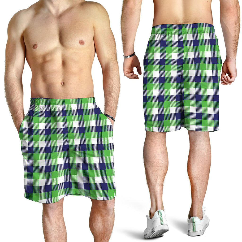 White Green And Blue Buffalo Plaid Print Men's Shorts