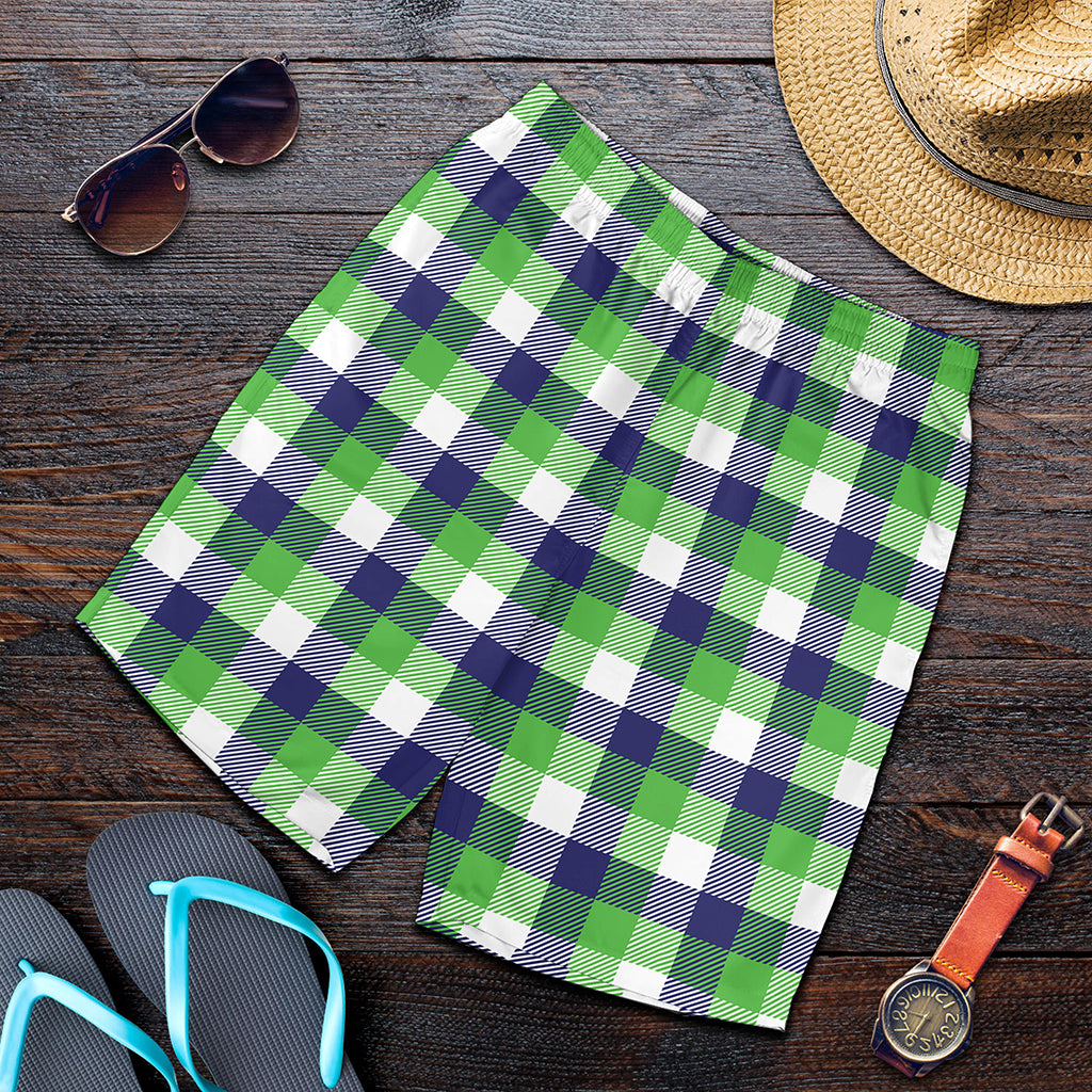 White Green And Blue Buffalo Plaid Print Men's Shorts