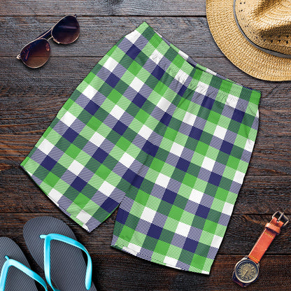 White Green And Blue Buffalo Plaid Print Men's Shorts