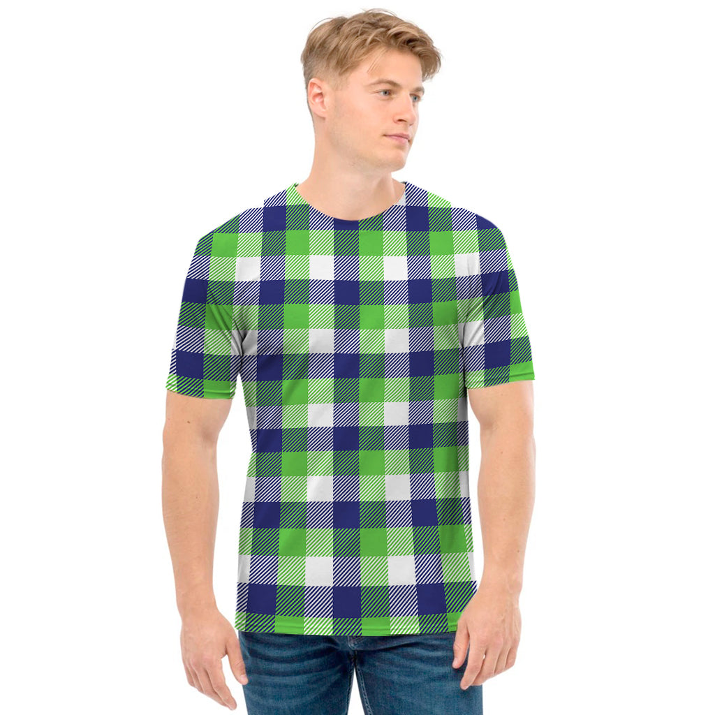 White Green And Blue Buffalo Plaid Print Men's T-Shirt