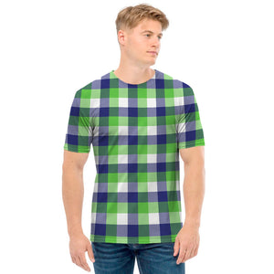 White Green And Blue Buffalo Plaid Print Men's T-Shirt