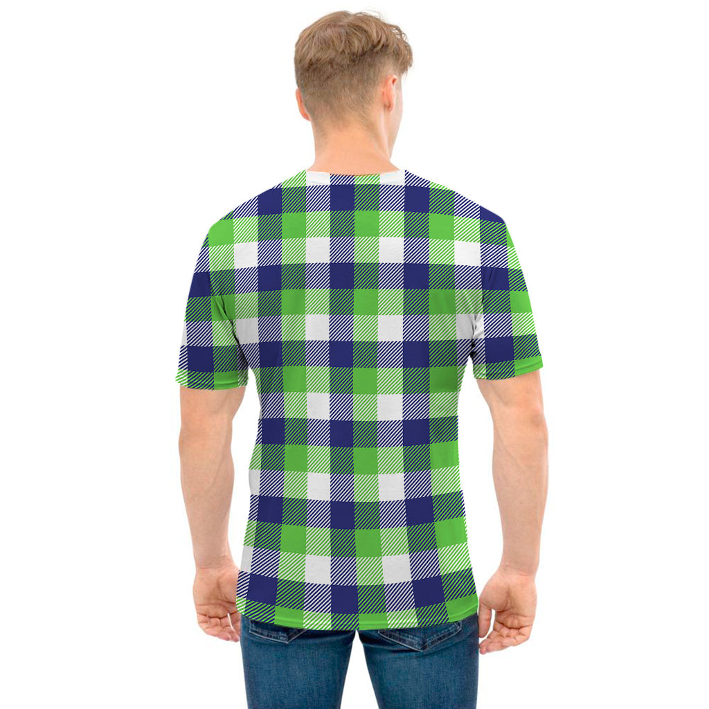 White Green And Blue Buffalo Plaid Print Men's T-Shirt
