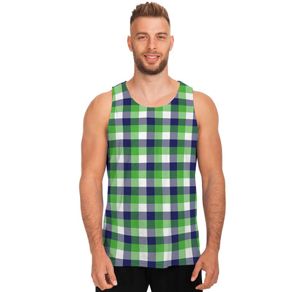 White Green And Blue Buffalo Plaid Print Men's Tank Top