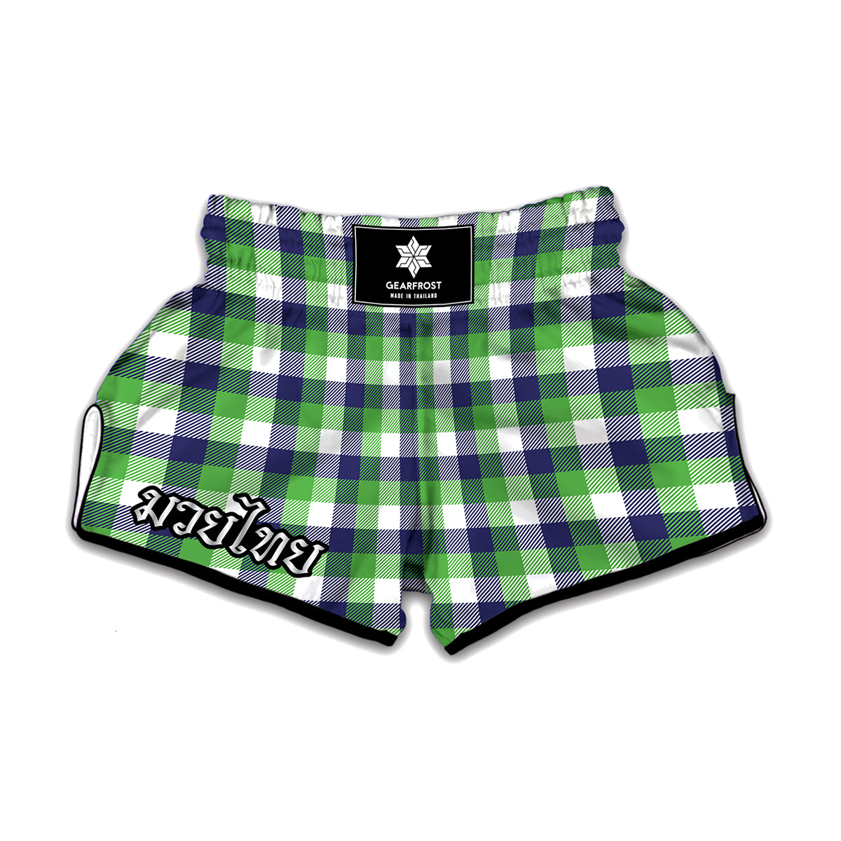 White Green And Blue Buffalo Plaid Print Muay Thai Boxing Shorts
