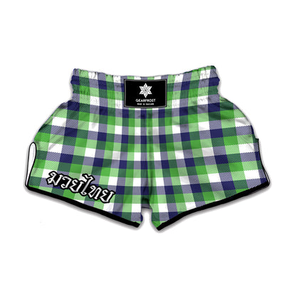 White Green And Blue Buffalo Plaid Print Muay Thai Boxing Shorts
