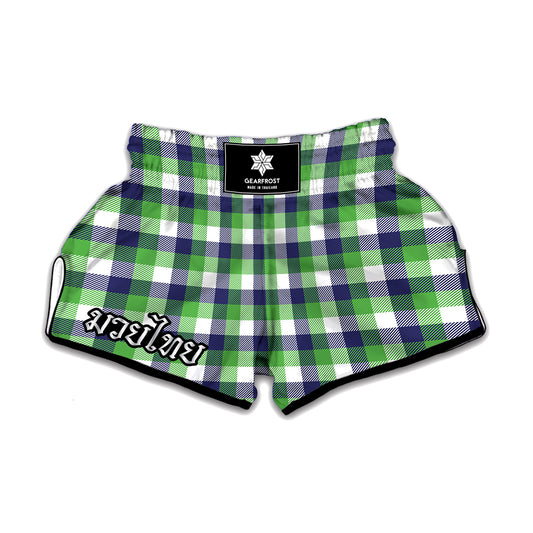 White Green And Blue Buffalo Plaid Print Muay Thai Boxing Shorts