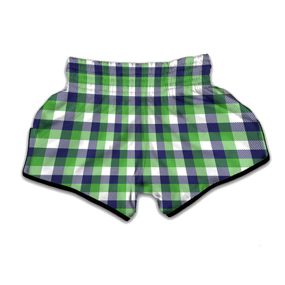White Green And Blue Buffalo Plaid Print Muay Thai Boxing Shorts