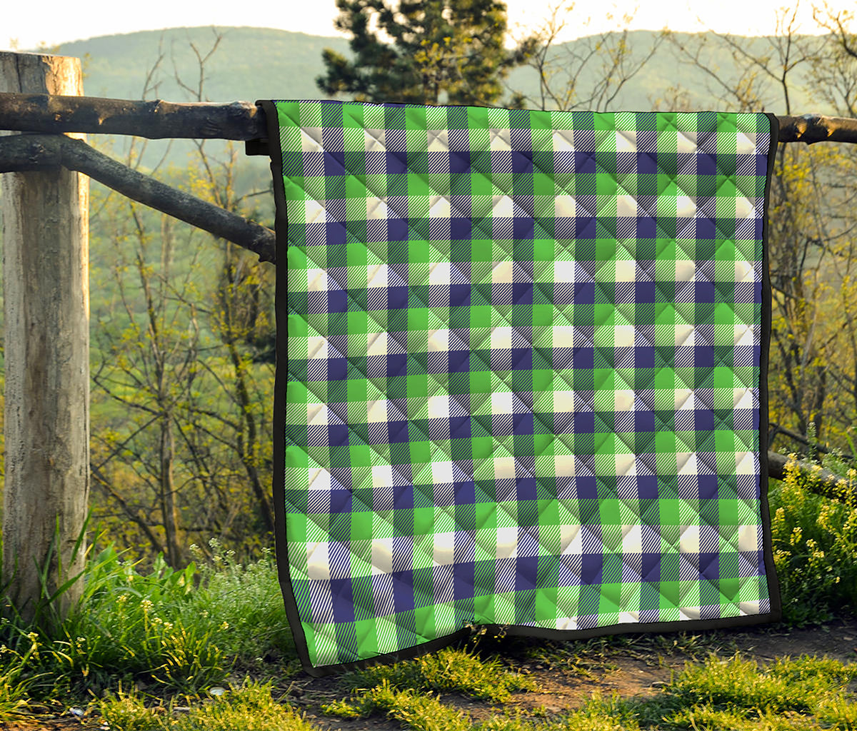 White Green And Blue Buffalo Plaid Print Quilt