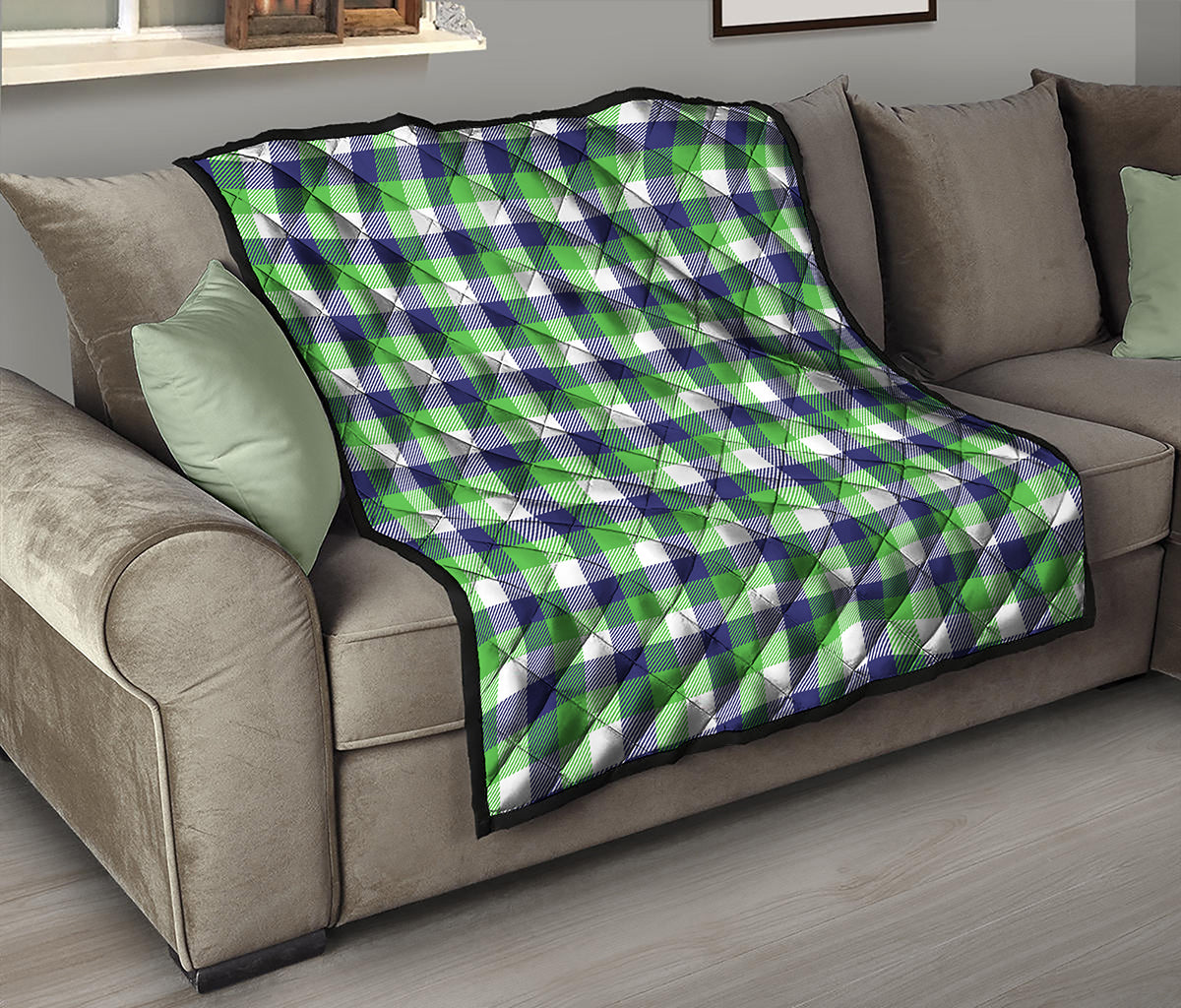 White Green And Blue Buffalo Plaid Print Quilt