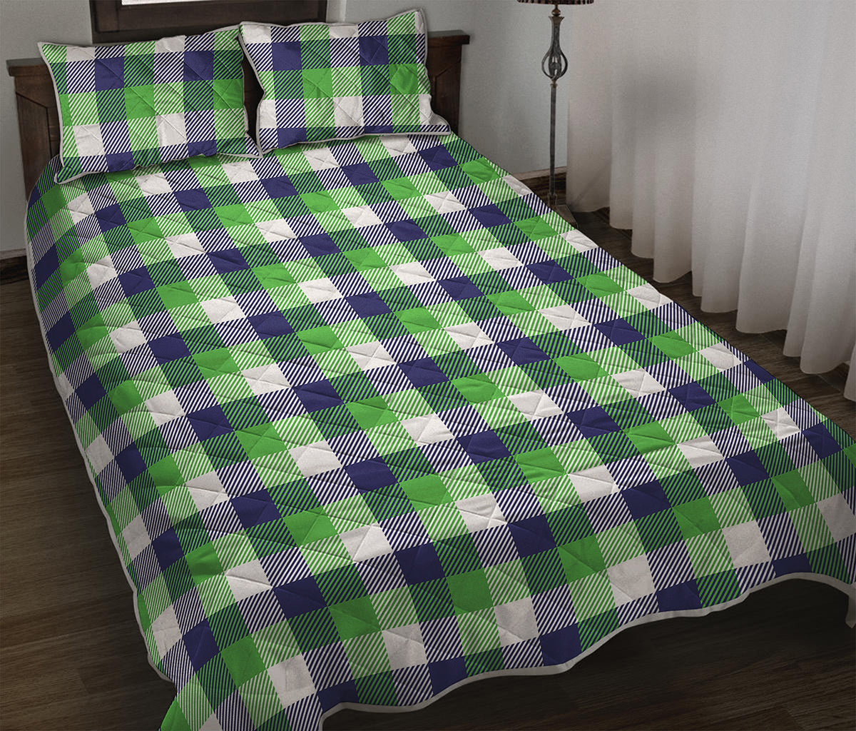 White Green And Blue Buffalo Plaid Print Quilt Bed Set