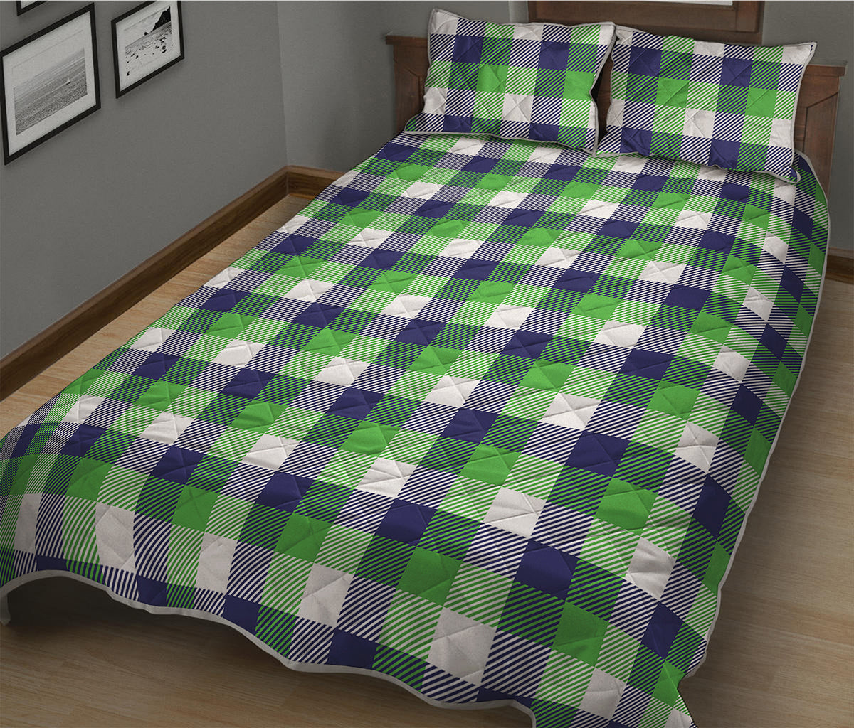 White Green And Blue Buffalo Plaid Print Quilt Bed Set