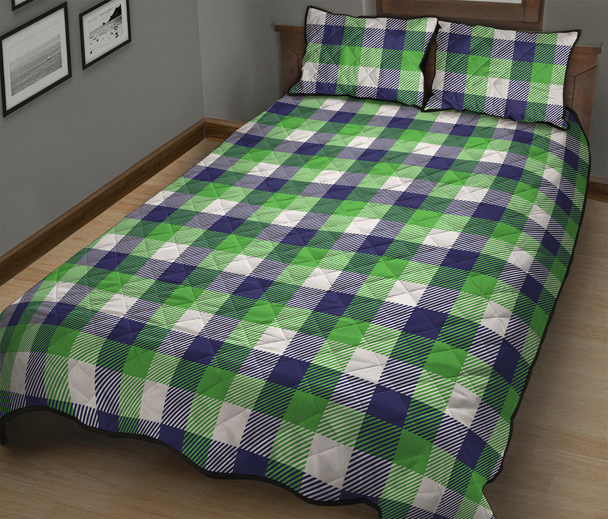 White Green And Blue Buffalo Plaid Print Quilt Bed Set