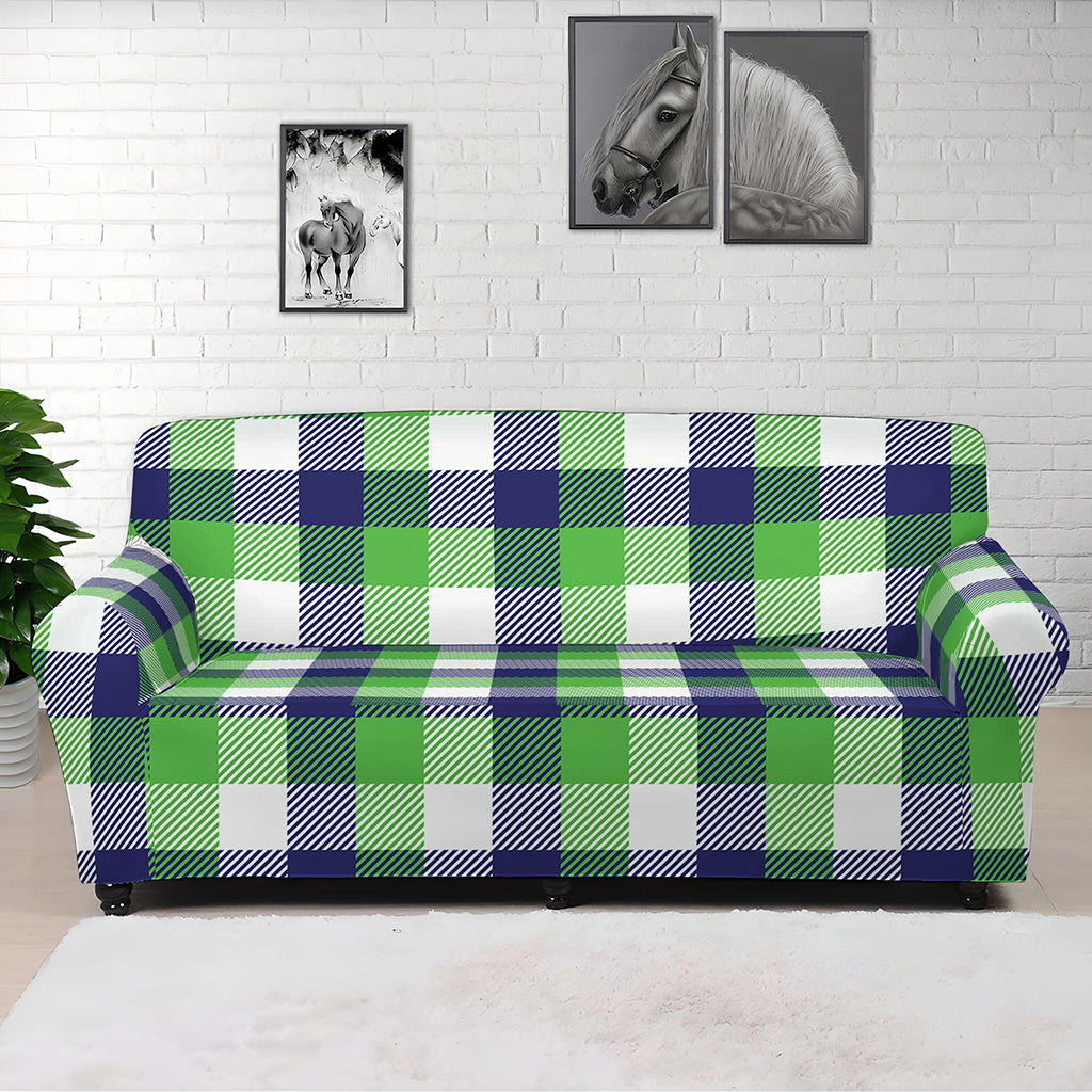 White Green And Blue Buffalo Plaid Print Sofa Cover