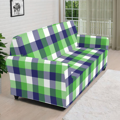 White Green And Blue Buffalo Plaid Print Sofa Cover