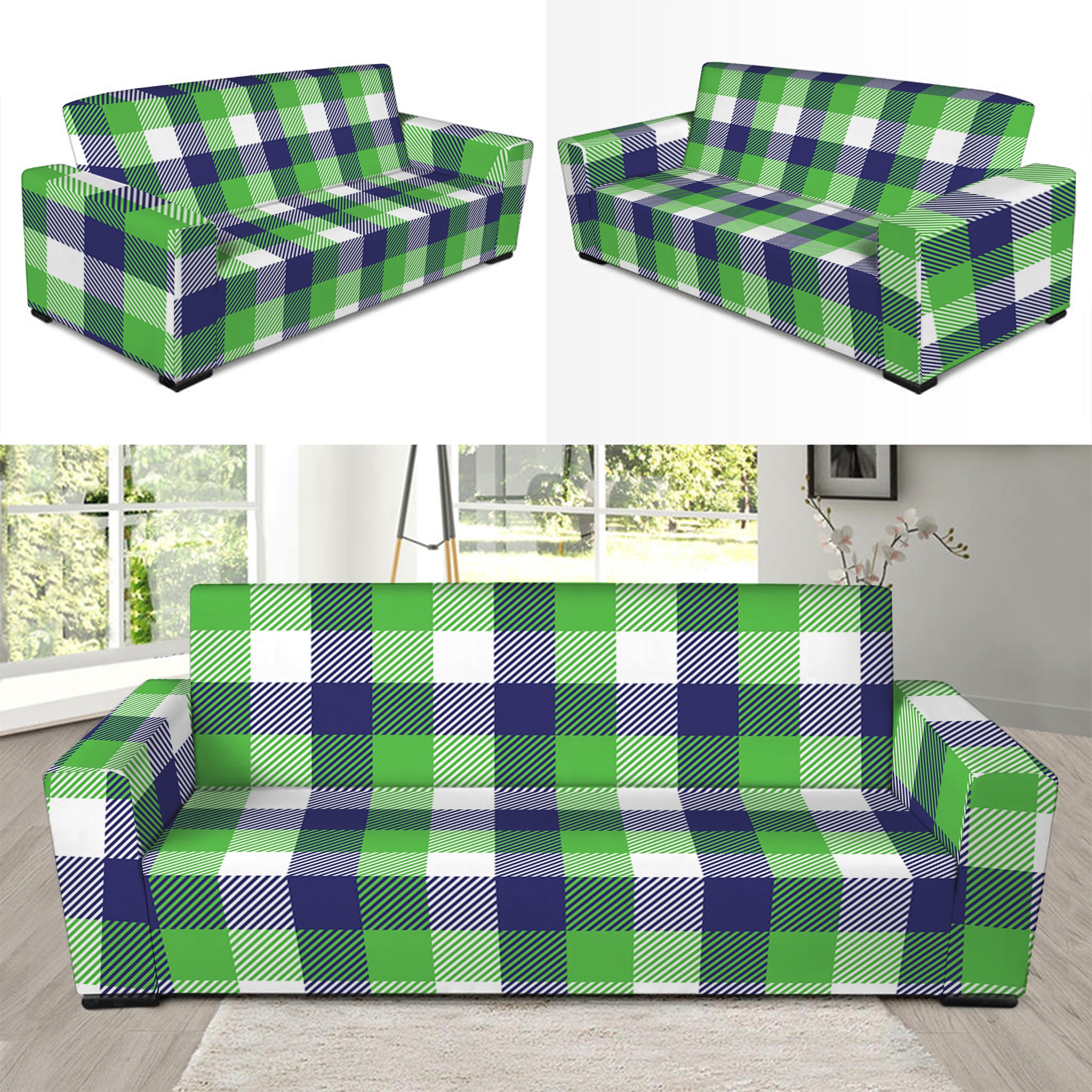 White Green And Blue Buffalo Plaid Print Sofa Slipcover