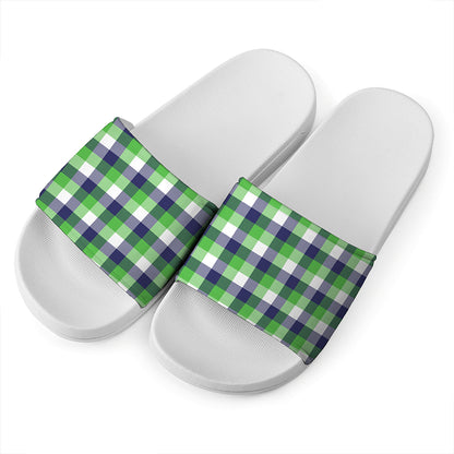 White Green And Blue Buffalo Plaid Print White Slide Sandals