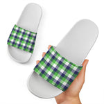 White Green And Blue Buffalo Plaid Print White Slide Sandals