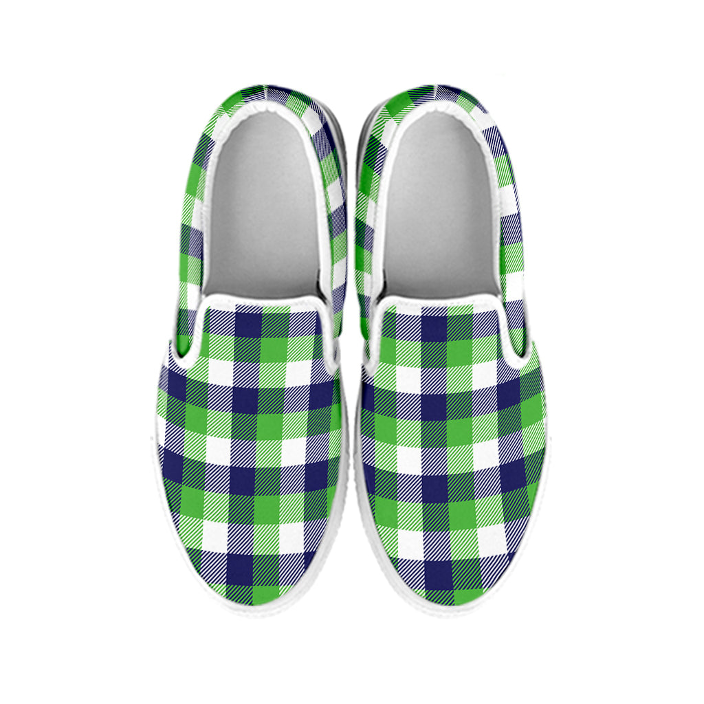 White Green And Blue Buffalo Plaid Print White Slip On Shoes