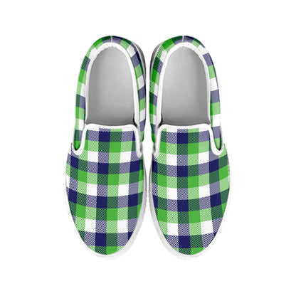 White Green And Blue Buffalo Plaid Print White Slip On Shoes