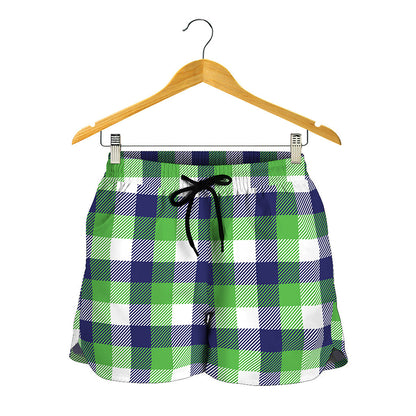 White Green And Blue Buffalo Plaid Print Women's Shorts