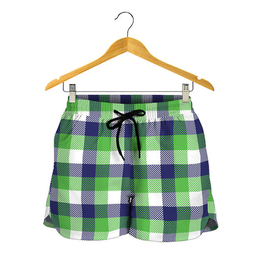 White Green And Blue Buffalo Plaid Print Women's Shorts