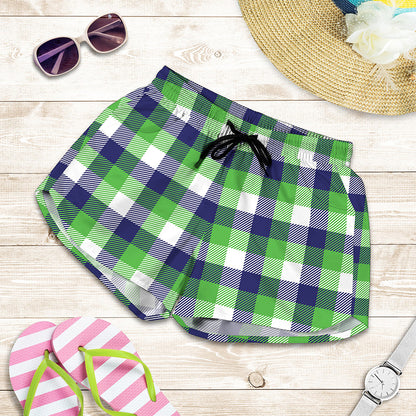 White Green And Blue Buffalo Plaid Print Women's Shorts