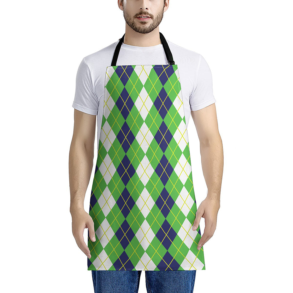 White Green And Navy Argyle Print Apron