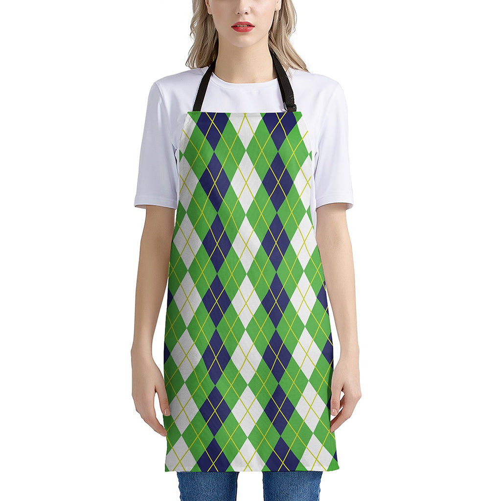 White Green And Navy Argyle Print Apron