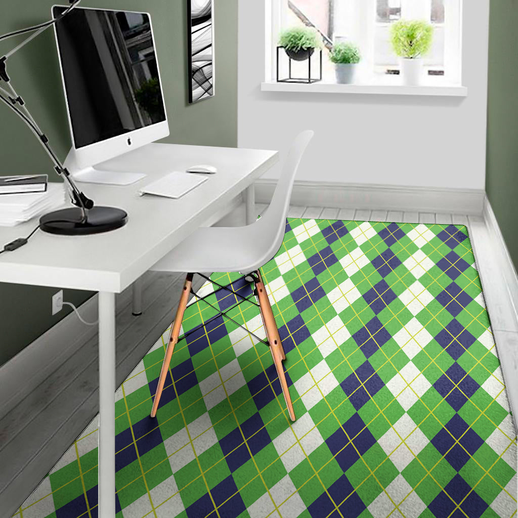 White Green And Navy Argyle Print Area Rug