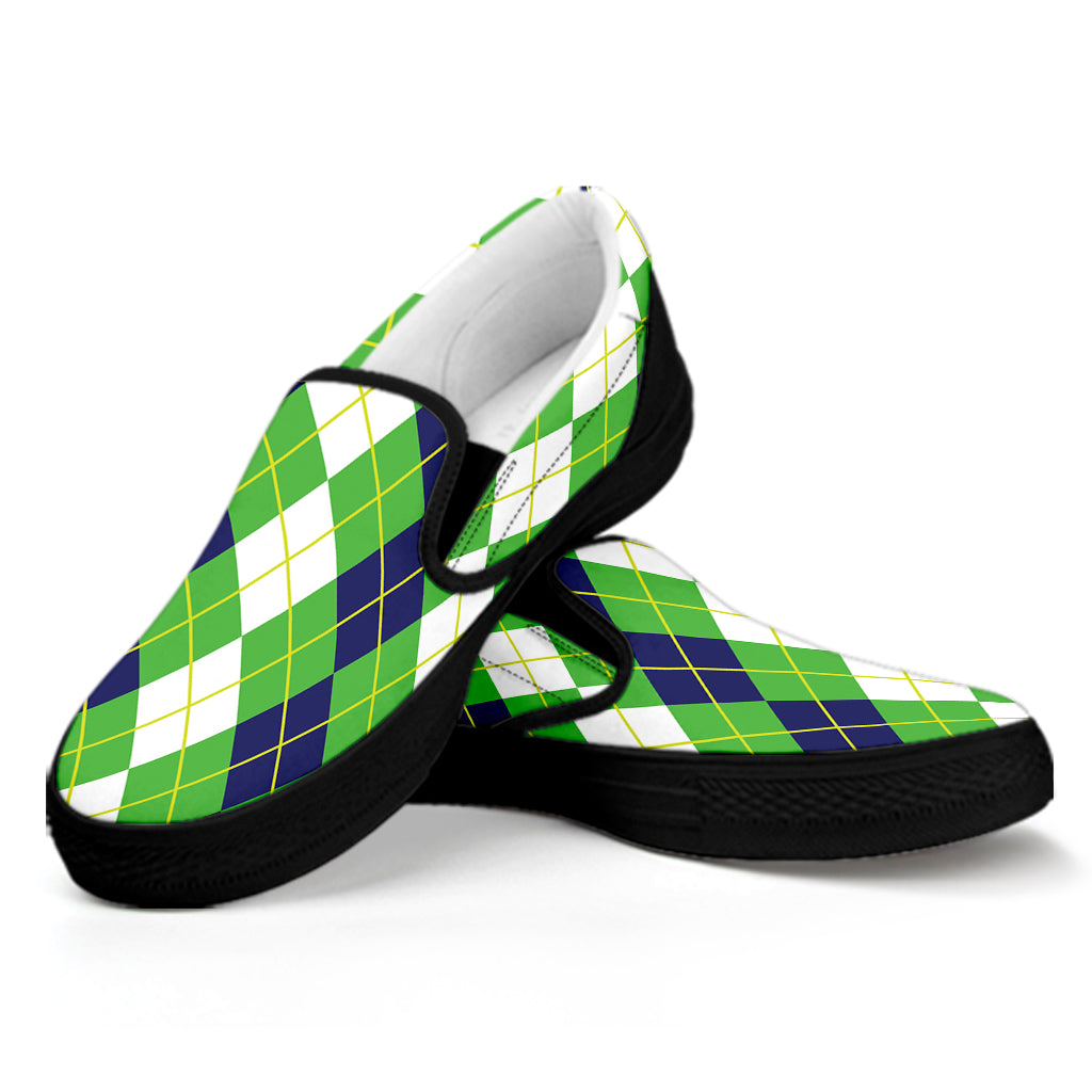 White Green And Navy Argyle Print Black Slip On Shoes