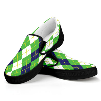 White Green And Navy Argyle Print Black Slip On Shoes