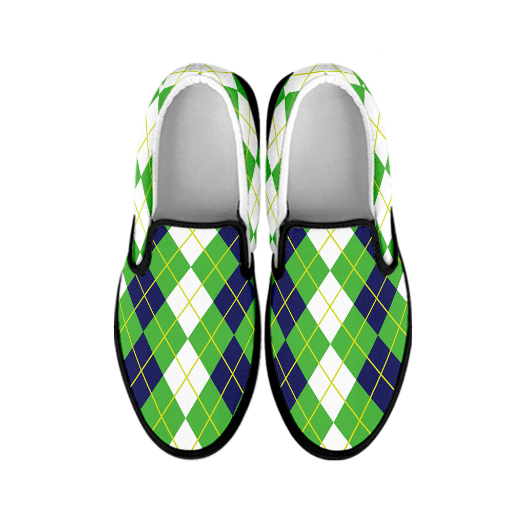 White Green And Navy Argyle Print Black Slip On Shoes