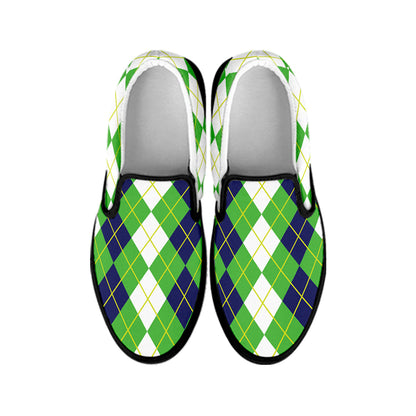 White Green And Navy Argyle Print Black Slip On Shoes