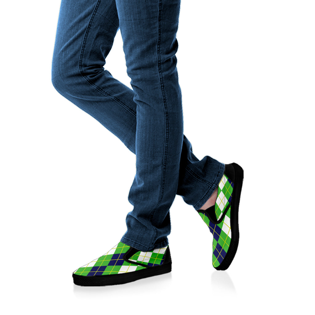White Green And Navy Argyle Print Black Slip On Shoes