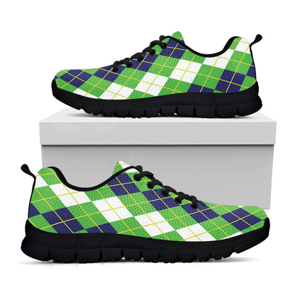 White Green And Navy Argyle Print Black Sneakers