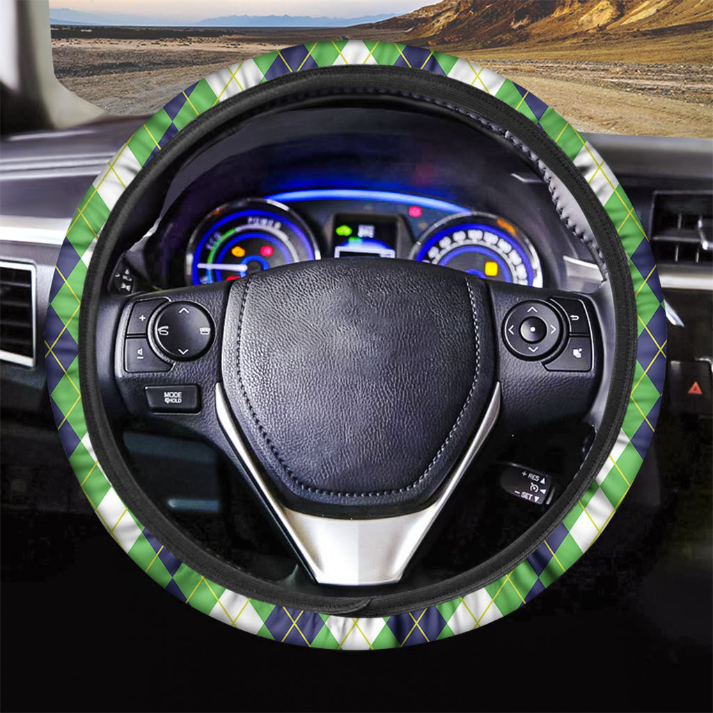 White Green And Navy Argyle Print Car Steering Wheel Cover