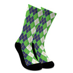 White Green And Navy Argyle Print Crew Socks
