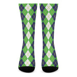 White Green And Navy Argyle Print Crew Socks