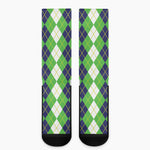 White Green And Navy Argyle Print Crew Socks