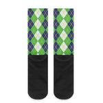 White Green And Navy Argyle Print Crew Socks