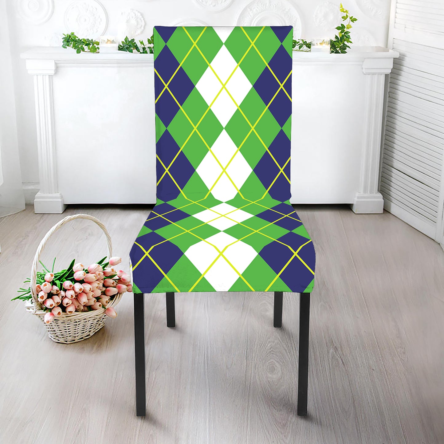 White Green And Navy Argyle Print Dining Chair Slipcover