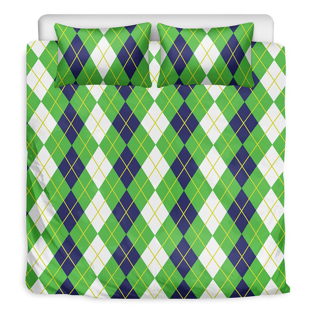 White Green And Navy Argyle Print Duvet Cover Bedding Set