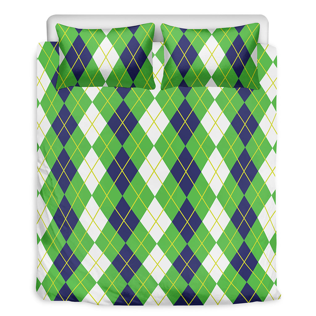 White Green And Navy Argyle Print Duvet Cover Bedding Set