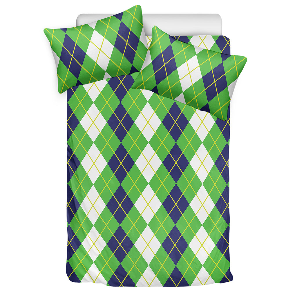 White Green And Navy Argyle Print Duvet Cover Bedding Set