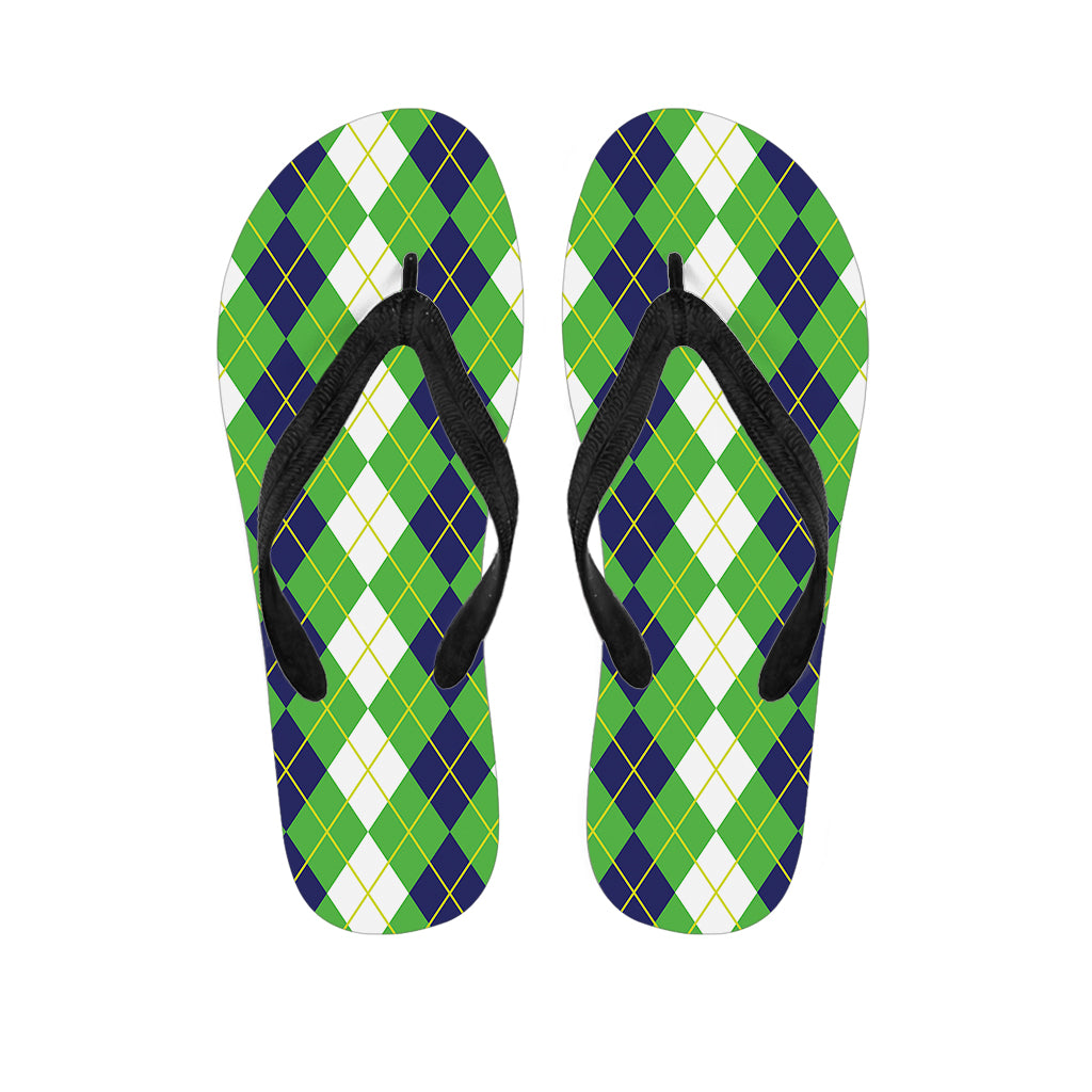White Green And Navy Argyle Print Flip Flops